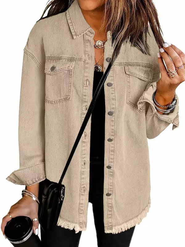 Women’s Oversized Button Up Frayed Hem Shacket Long Sleeve Pockets Denim Jean Jacket Womenswear Coats Comfort Casual Outerwear Fitted 5