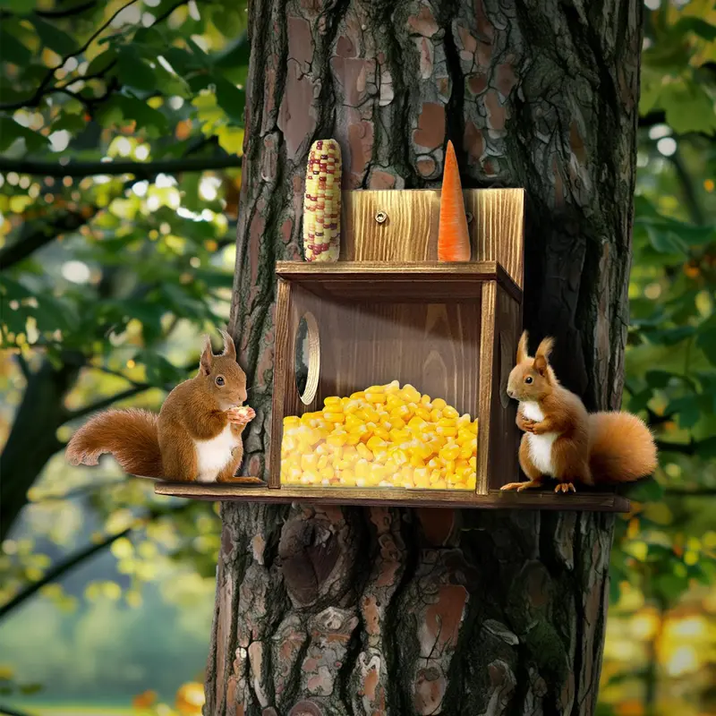 Wood Squirrel Feeder Box for Backyard Garden, Durable Wall Hanging House, Carbonized Wood, Chinchilla Feeder Box 2