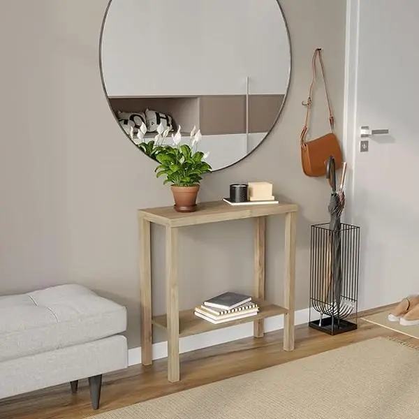 2-Tier Wooden Narrow Console Side End Oak Table with Drawer and Open Shelves for Living Room Bedroom Entryway Hallway Home Office and Sofa Display Storage Desk Industrial Furniture
