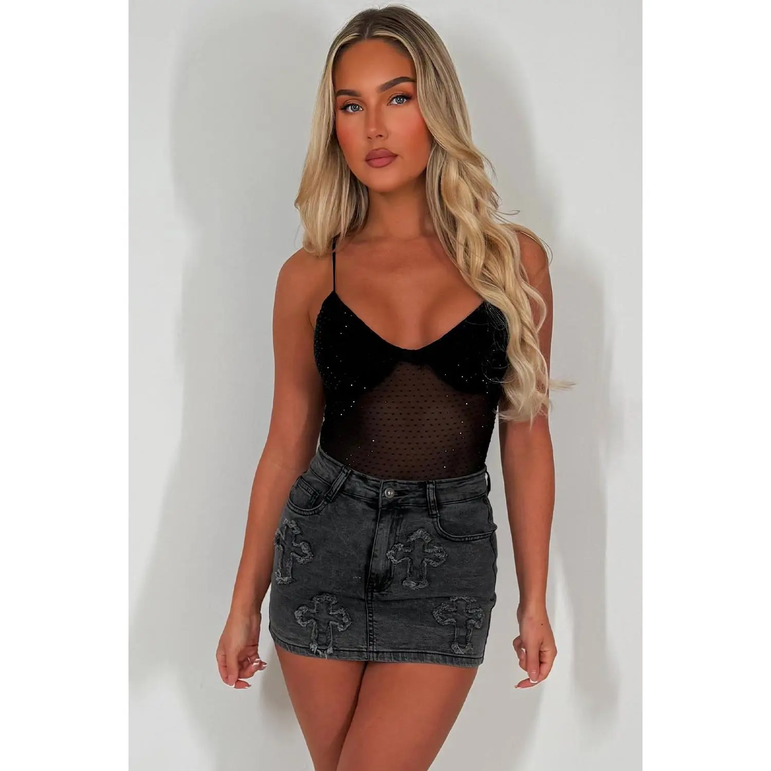 Denim Mini Skirt With Crosses Grey