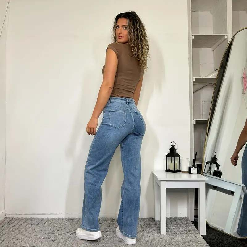 Stretchy Wide Straight Leg -Girl Jeans Dad Fit High Waisted Denim Blue Stretch Comfortable Wide Leg Womens jeans Casual sevens  jeans Cotton Fabric 5