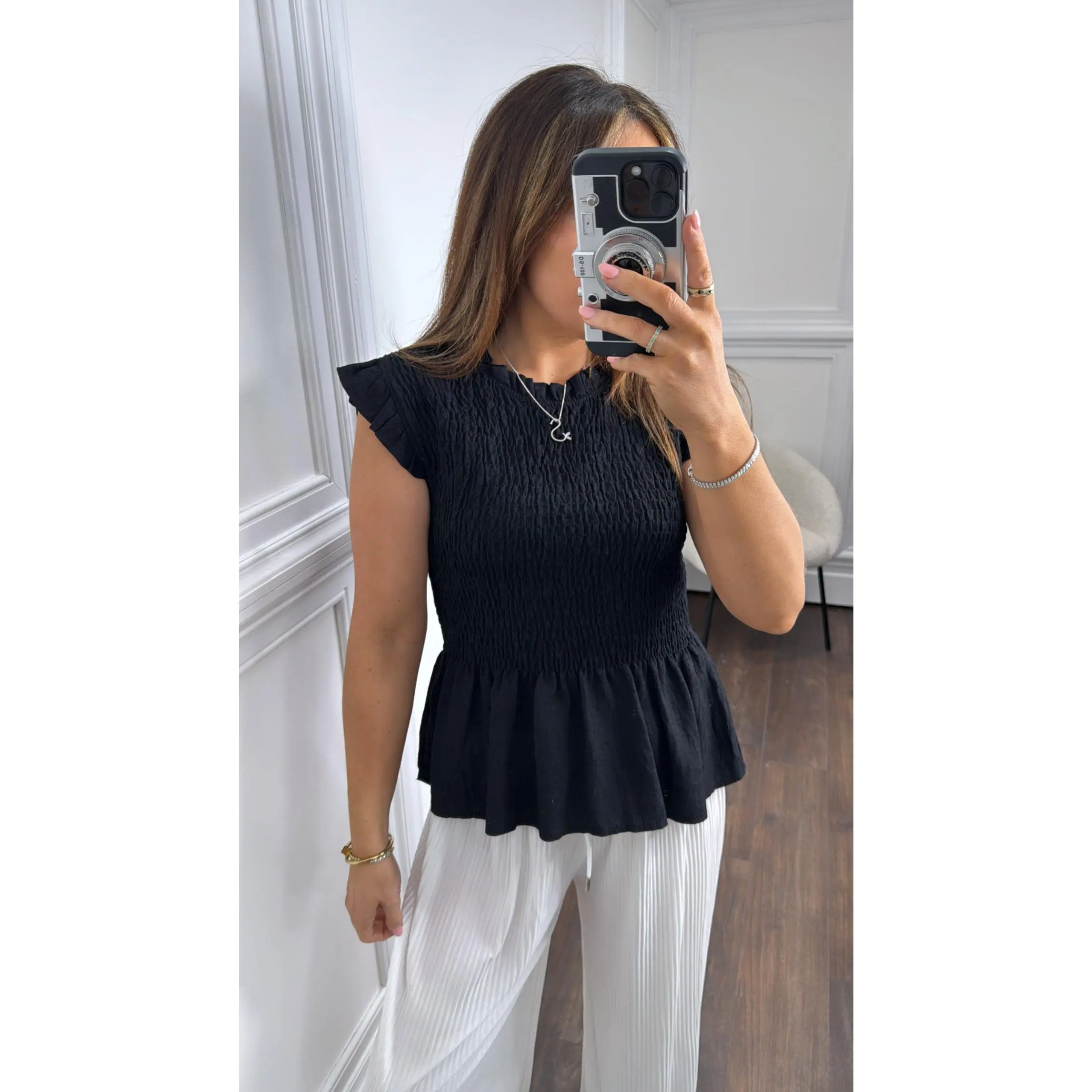 FREYA black shirred detail top