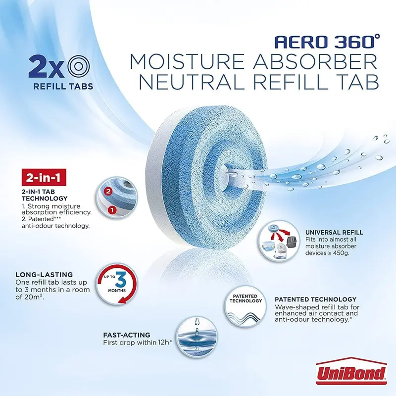 UniBond AERO 360° Moisture Absorber Neutral Refill Tab, ultra-absorbent and odour-neutralising, for AERO 360° Dehumidifier, Condensation Absorbers, 450 g ( Pack of 4) Multicolor 2