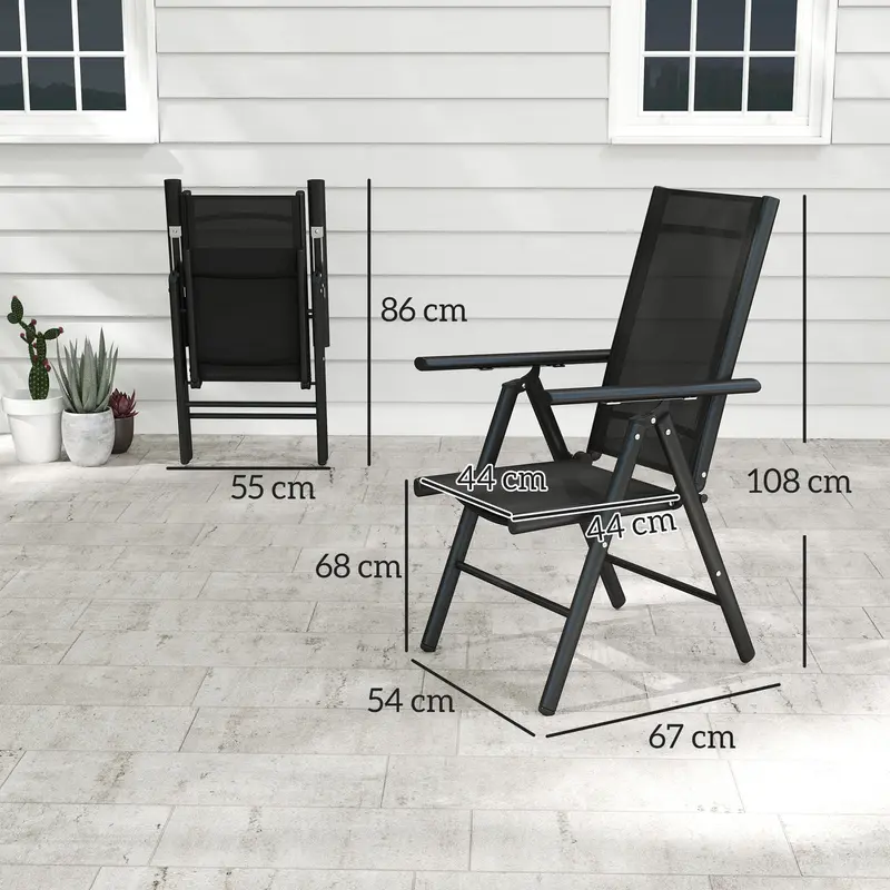 Outsunny Set of 2 Folding Chair, Aluminium Frame Outdoor Camping Chairs with Breathable Mesh Back and Seat, Garden Chair Set with Armrests for Balcony, Black 2