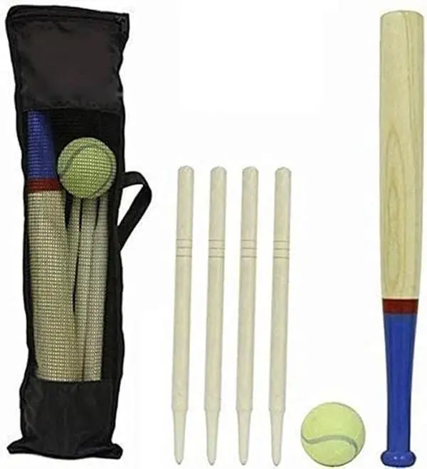 6 Piece Wooden Rounders Set & Carry Bag - Baseball Bat & Soft Tennis Ball Garden Fun Play Set 0