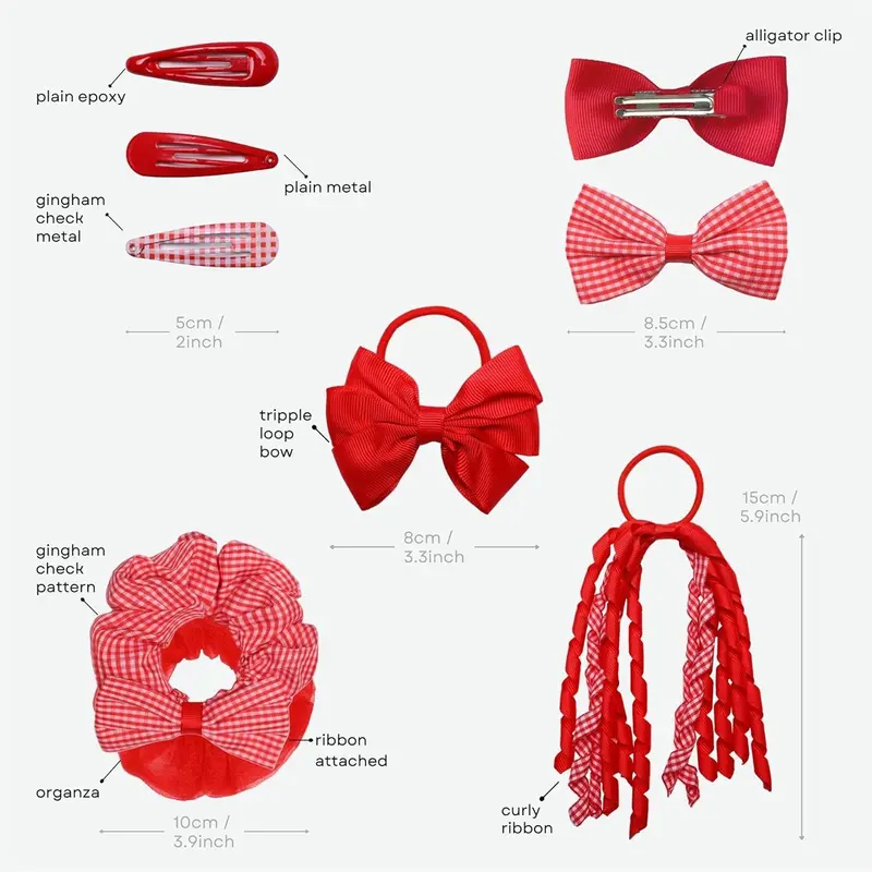Girl Hair Accessories Set 16 Pieces Hair Ties, Pins, Scrunchies, Ribbon Ponytail Holder Summer School Check Uniform, Red 2