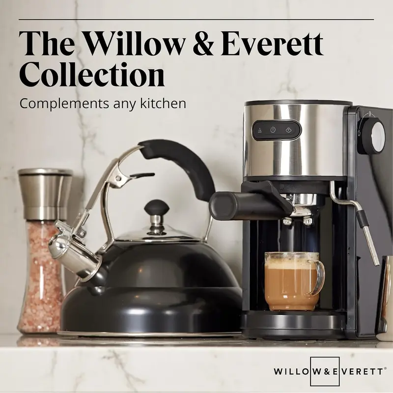 Willow & Everett Stainless Steel Whistling Tea Kettle 3L Induction & Gas Stove with free Loose Leaf Tea Strainer Drinkware Jugs Aluminium Retro Silicone 1