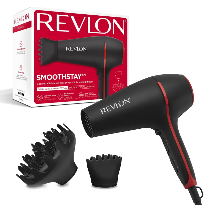 Revlon Smoothstay Coconut Oil-Infused Hair Dryer (2000 watts, 2 Accessories for Styling Versatility: Diffuser & Concentrator Comb, Ceramic Tourmaline Ionic Technology) RVDR5317 0