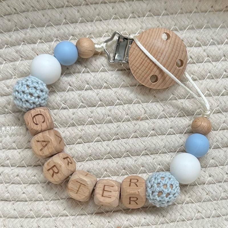 Personalised dummy clip baby boy - silicone and wooden beaded - Crochet bead - baby blue white and beige 0