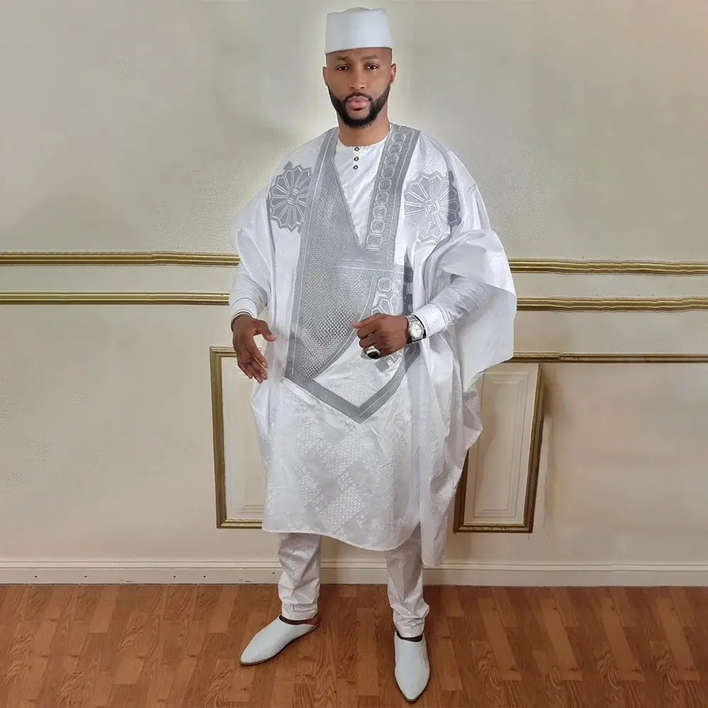 African Agbada (White & Grey) - nigerian traditional Clothing Cotton  - Mens Kaftan - African Wedding Suit - African Menswear - African Garment