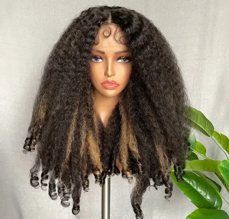 Afro Curly Lace Wig Synthetic Kinky Straight With Curly Ends T Part HD Transparent Lace Fluffy Bouncy Hair Wigs Heat Friendly Afro Wigs For Women