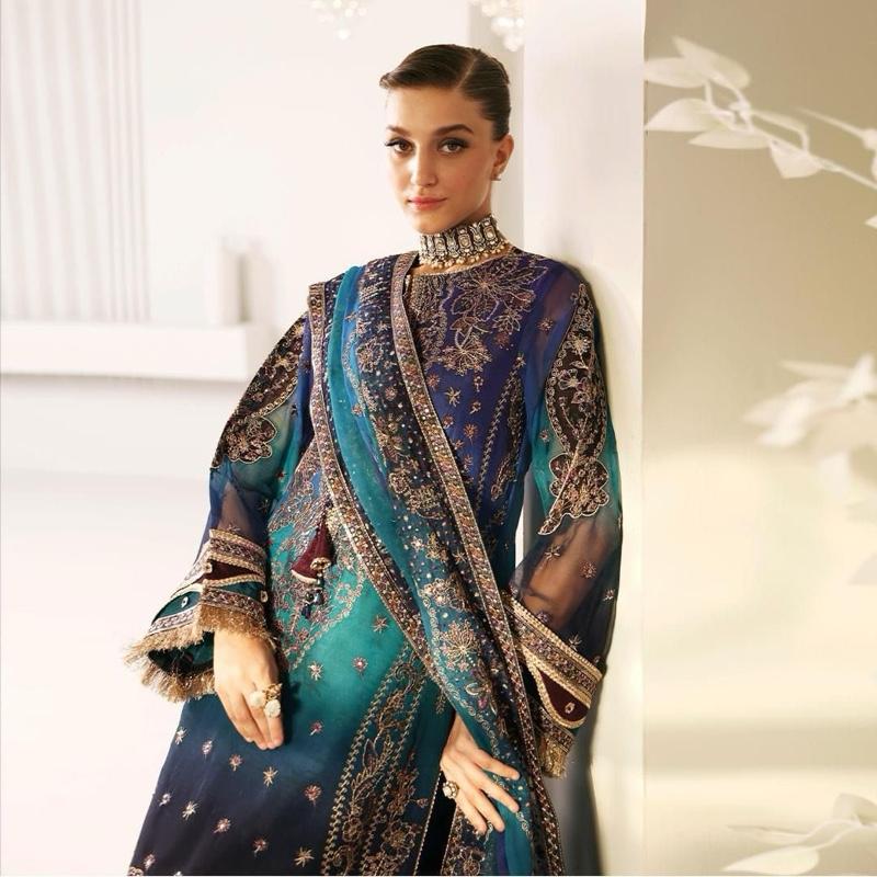 Embroidered Shaded Chiffon Readymade Salwar Kameez for Eid, Nikkah, Mendhi, & South Asian wedding parties. Featuring intricate embroidery, Dupatta, sleeves, palazzo trousers. Soft, breathable chiffon,perfect for Pakistani, indian bridal festive.Eid outfit 4