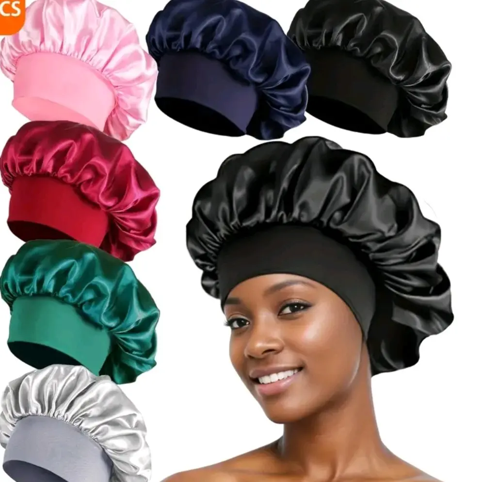 Women'S Satin Bonnets, Solid Color Elastic Hair Caps with Wide Elastic Band, Polyester 100%, Smooth for Sleep, Home, Sports, Casual Wear