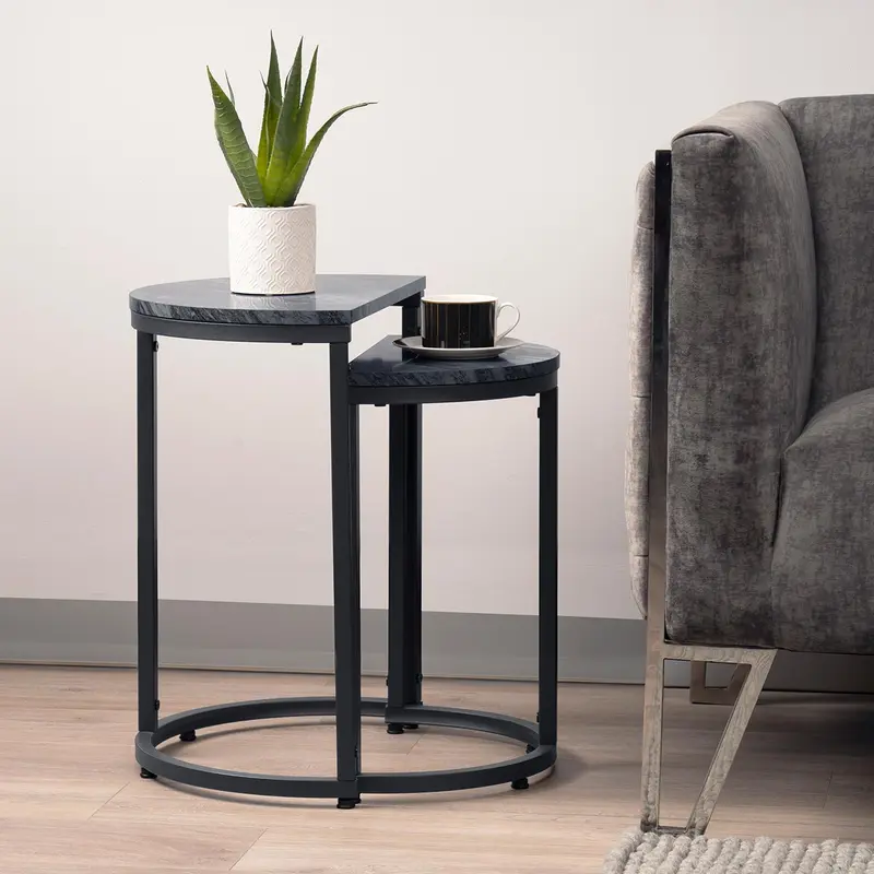 Set of 2 Round Nesting Tables, MDF Top & Metal Base Sofa Side End Tables 2