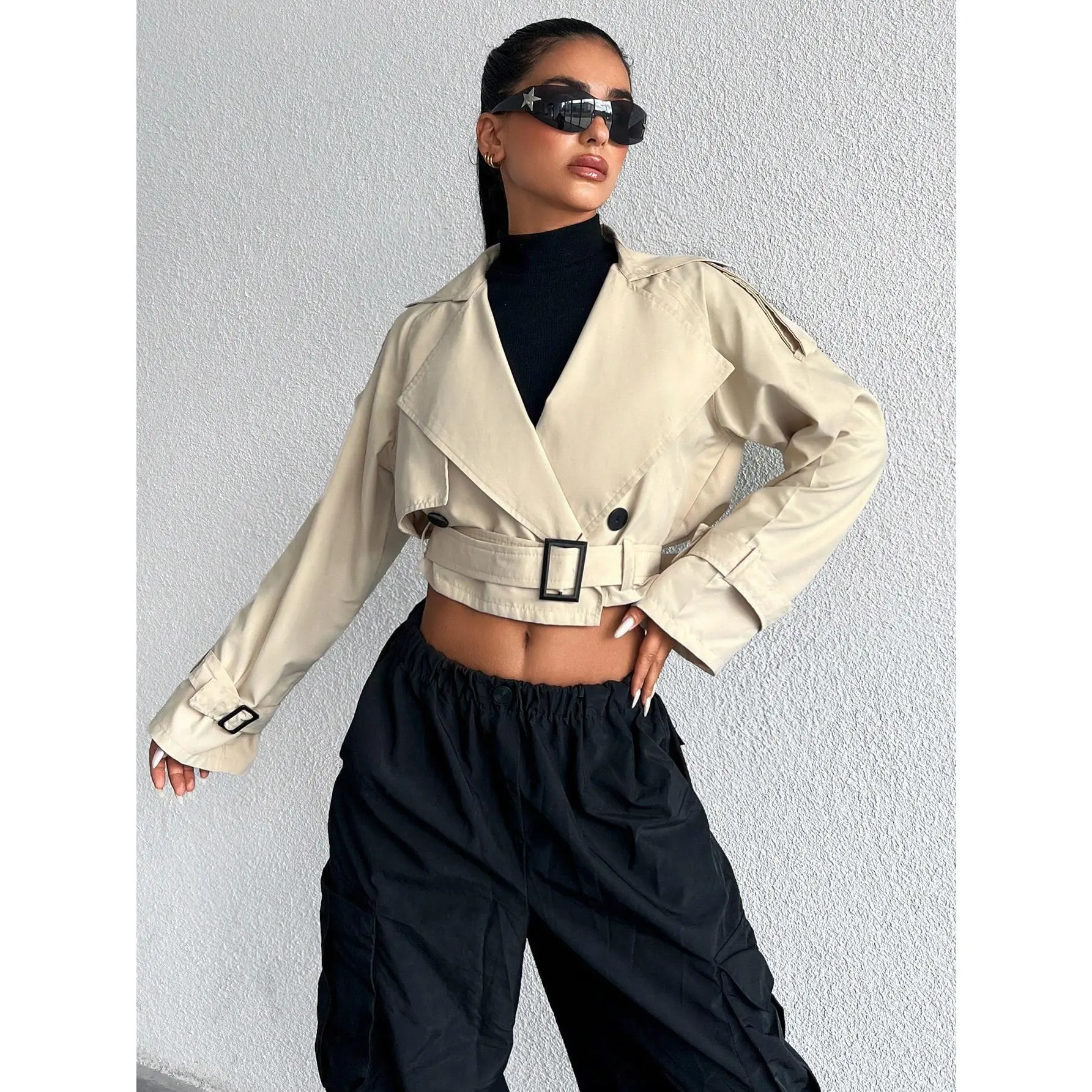 ​ Women's TopsRaglan Sleeve Belted Crop Trench Coat[S12] Womenswear Jackets Tops Comfort Outerwear Fitted Basic Minimalist Short Yellow plus  size  denim penny  lane  coat cropped  jackets princess  cut cheryl  blossom  serpent chav  coats hiking  black