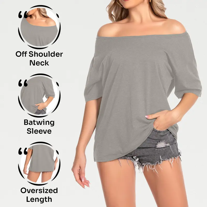 New Womens Off Shoulder Plain Oversized Slash Neck Baggy Tee T-Shirt Top Comfortable Fit Sleeve Summer Womenswear Casual 3