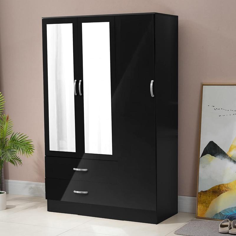 High Gloss 3 Door 2 Drawer Mirrored Wardrobe | Modular Cabinet for Space Saving | Ideal Storage Organizer (Black) 1