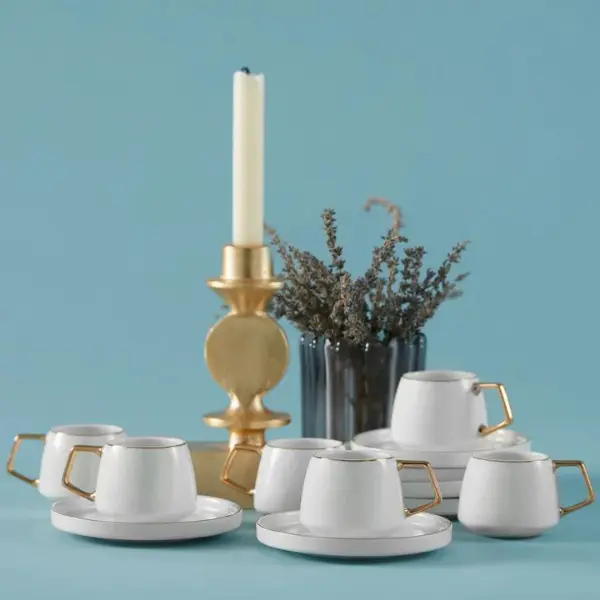 Karaca Saturn 12 Piece Porcelain Espresso Turkish Coffee Cup Set for 6 People, 100ml, White Gold Classic Drinkware 0