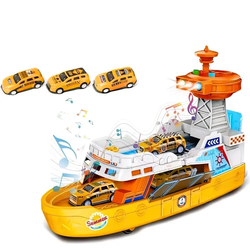 Coast Guard Ship Toy, 1:16 Scale Transport Boat With 3 Super Car, Fire ship model with light and sound, cabin can be opened, Birthday Gift for 3 4 5 6 Year Old Kids 1
