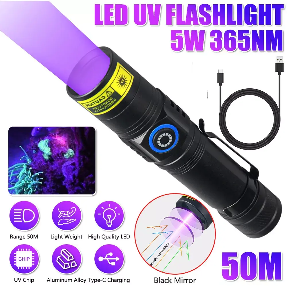 5W UV Torch 365nm Ultraviolet Flashlight USB Blacklight Pet Urine Stain Detector
