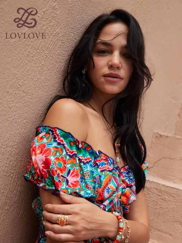LovLove 1300 brand woman Floral print spaghetti ruffle hem off shoulder backless cami  asymmetric womens fashion bohemian dress 5
