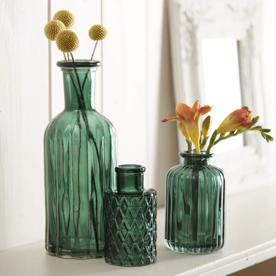 Green Glass Vases -  Set of 3
