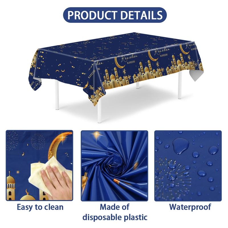 Product Introduction of Eid Mubarak 2  Pcs Star Moon Tablecloth Ramadan Kareem Decor for Home 2025 Islamic Muslim Party Eid Al Adha Supplies Castle Table Cover 7