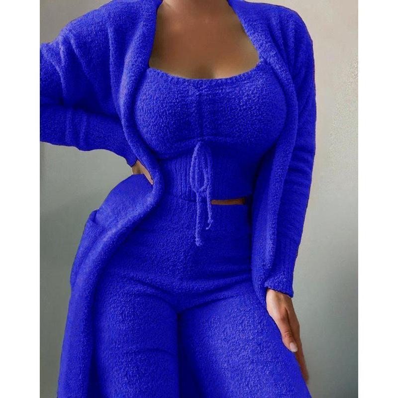 2024 New Winter Women's Velvet Pajamas Set Crop Top+Long Pants+Coat 3 Pieces Suit Warm Soft Fleece Homewear Pyjamas S-3XL 5