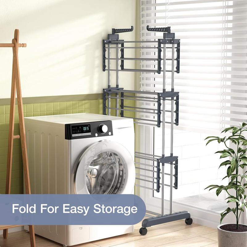 Trintion Clothes Drying Rack 3 Tier Adjustable Rolling Laundry Hanger with Foldable Wings Large Stainless Steel Garment Dryer with Casters for Outdoor Indoor 4