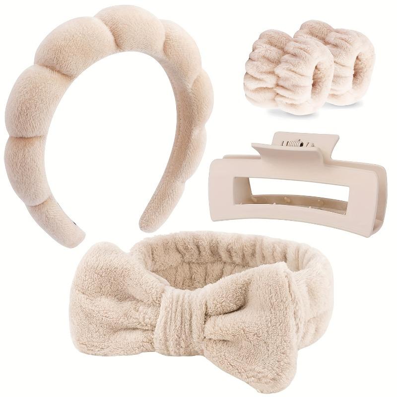Product Introduction of 5pcs Spa Headband & Wristband Set with Hair Claw - Soft, No-Slip Makeup & Skincare Accessories for Women - Includes 4 Colors, Neutral & Maillard Shades 0