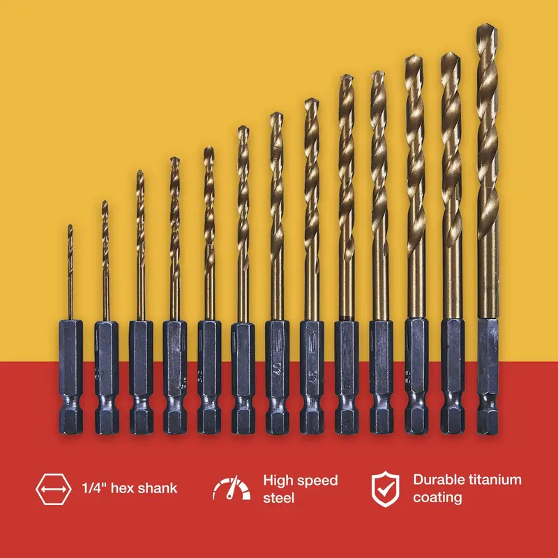 13 Piece 6.25mm (1/4") Titanium coated high speed steel (HSS) drill bit set - F1120 2