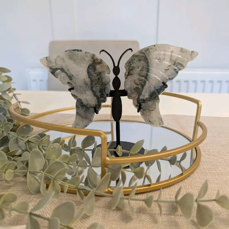 Stunning Moss Agate Butterfly Wings with Stand 5