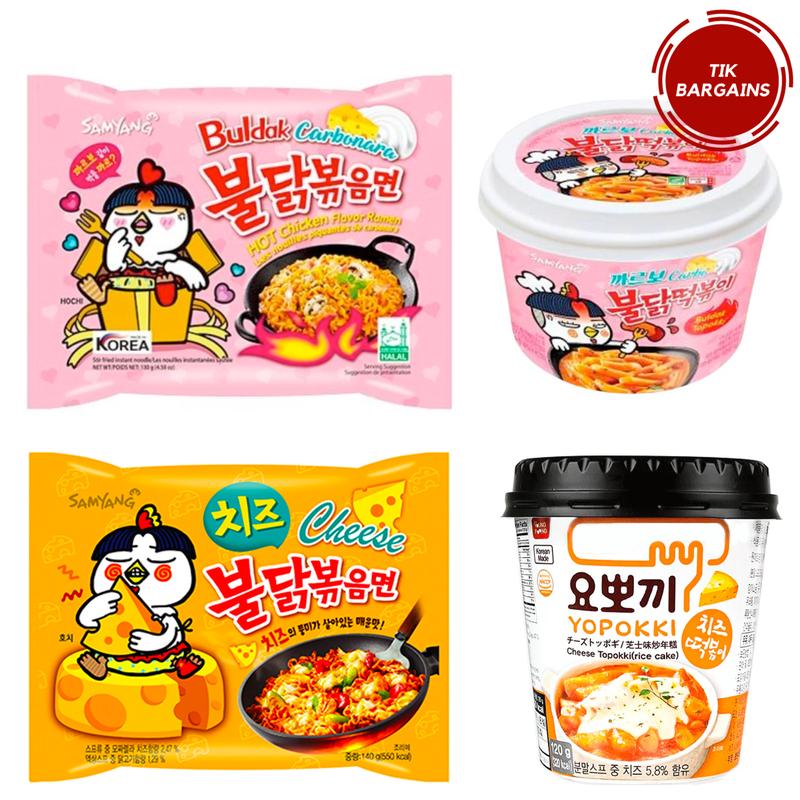 Samsam&Samyang Korean Style Instant Tteokbokki, Topokki Meal Set - Carbonara & Cheese Flavor Ramen, Spicy Hot Chicken Buldak Noodles, Fire Noodles Buldak Bokkeum, and Rice Cake Topokki Food 8