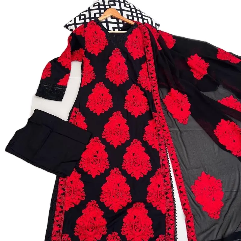 3 pc linen fabric fully embroidered suit with plain plazzo and chiffon embroidered Dupatta Womenswear
