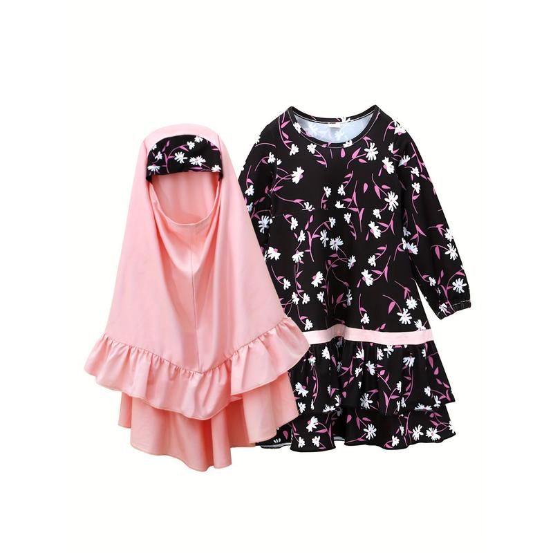 Conjunto de Ropa Étnica Tradicional Musulmana para Niñas de Primavera y Otoño - Vestido Floral de Manga Larga + Pañuelo para la Cabeza, Conjunto de Dos Piezas 4