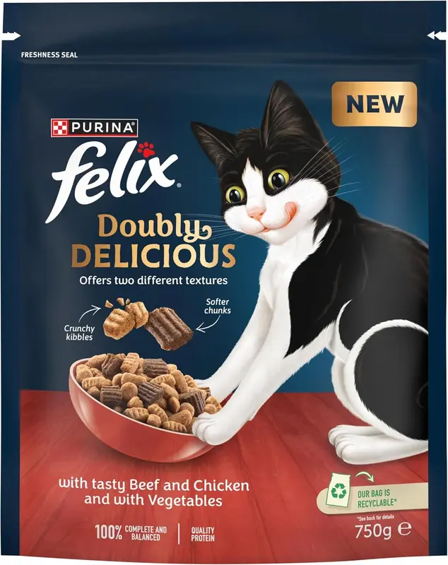 Felix Doubly Delicious Beef Chicken & Vegetables Dry Cat Food (750g x 4 - Pack 4) 1