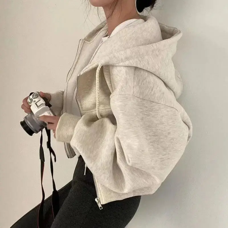 Fashion Zipper Hood Sweatshirt Women Autumn Long Sleeve Crop Tops Casual  Hoodies Streetwear Harajuku Female Jackets Coats Womenswear Sweaters Lady Comfort Fitted Minimalist Winter kelly  cardigan