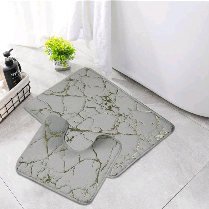 STUNNING LUXURY NON SLIP WATER RESISTANT 2 PIECE MARBLE EFFECT BATH MAT SET 50×80cm mat and toilet cover 3