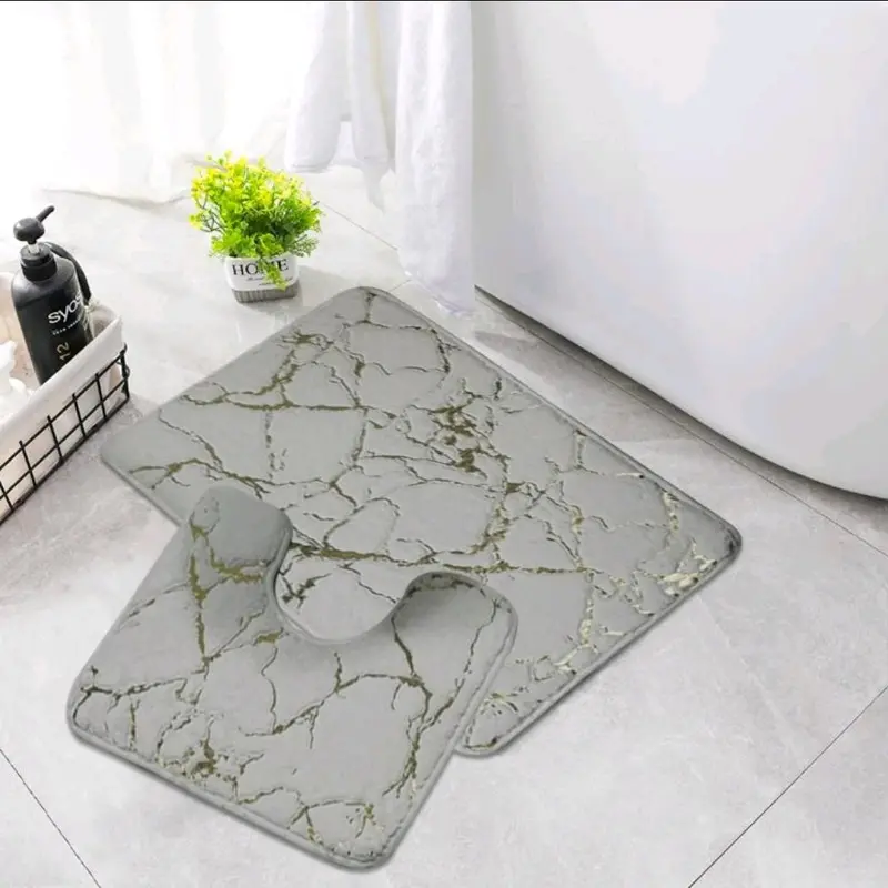 STUNNING LUXURY NON SLIP WATER RESISTANT 2 PIECE MARBLE EFFECT BATH MAT SET 50×80cm mat and toilet cover 3