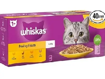 Whiskas 1+ Adult Poultry Selection in Jelly 40 Pouches, Adult Wet Cat Food, Megapack (40 x 85 g)