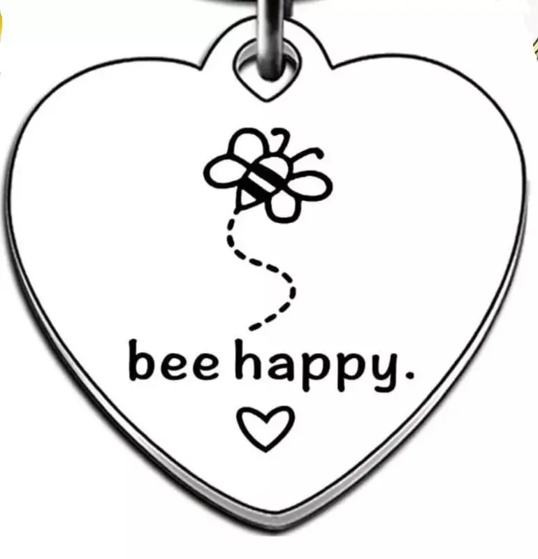 BEE HAPPY Keyring for Women. Engraved Double Sided. Perfect Heart Gift. 2