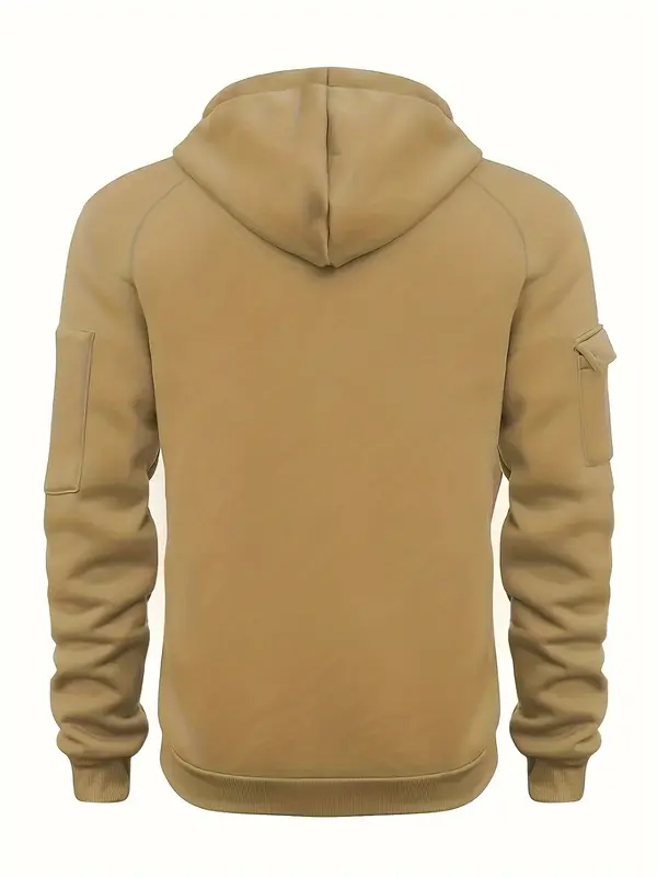 Men's Hooded Henley Shirt with Multiple Pockets, Casual Sports Pullover for Autumn/Winter, Polyester Knit Athletic Top 3