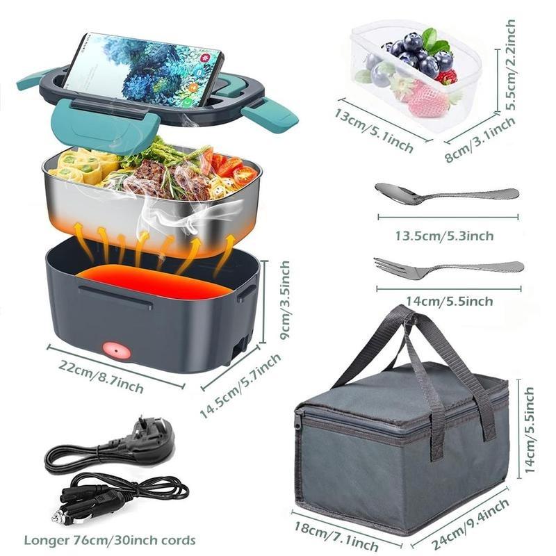 Electric lunch box, 60W Quick heating lunch box container, car plug-in food heating lunch box container, fork spoon and insulated handbag and fruit box, summer gift cutlery accessories, kitchen appliances, back-to-school supplies Tableware 2