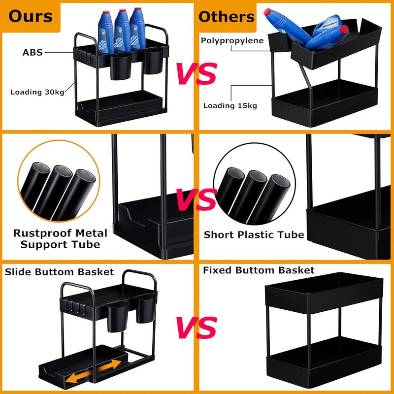 Under Sink Storage Kitchen Organiser, 2 Tier Sliding Kitchen Storage Shelf, Multi-Purpose Organisation for Kitchen Bathroom, Bottom Slide Out Basket Black - Racks Hanging Cabinet Drawer Installation Hangable Hanging Cabinet Multicolor 4