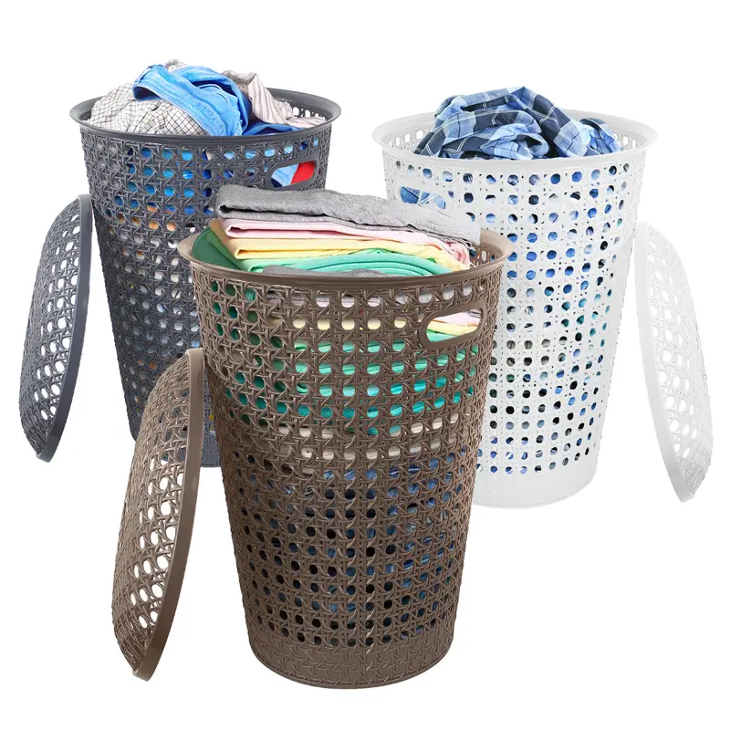 Small Plastic Laundry Basket with Lid and Handles, 48 Litre Basket storage Hamper in Grey, Taupe or White,, 39cm x 26cm x 52cm Organiser Rattan 0