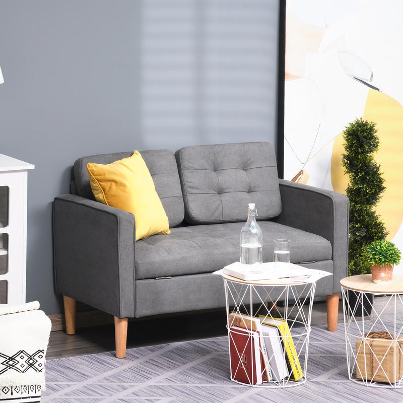 HOMCOM Modern 2 Seater Sofa with Hidden Storage, 117cm Tufted Cotton Couch, Compact Loveseat Sofa with Wood Legs, Grey 1