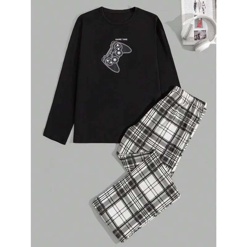 Cottnline Men's Comfortable Casual Printed Long Sleeve T-Shirt & Plaid Long Pants Pajama Set Loungewear Menswear 0