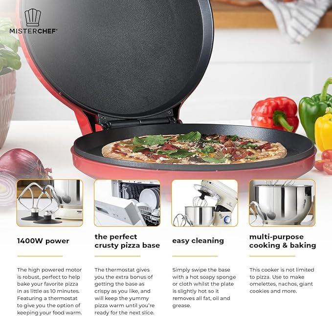 MisterChef Countertop Pizza Maker 1450W Non-Stick Ceramic Plates, 12 Inch / 30cm, 2,3 Metal, Indoor Electric Pizza Oven for Crepes, Pancakes, Free Recipe Book, Red 1