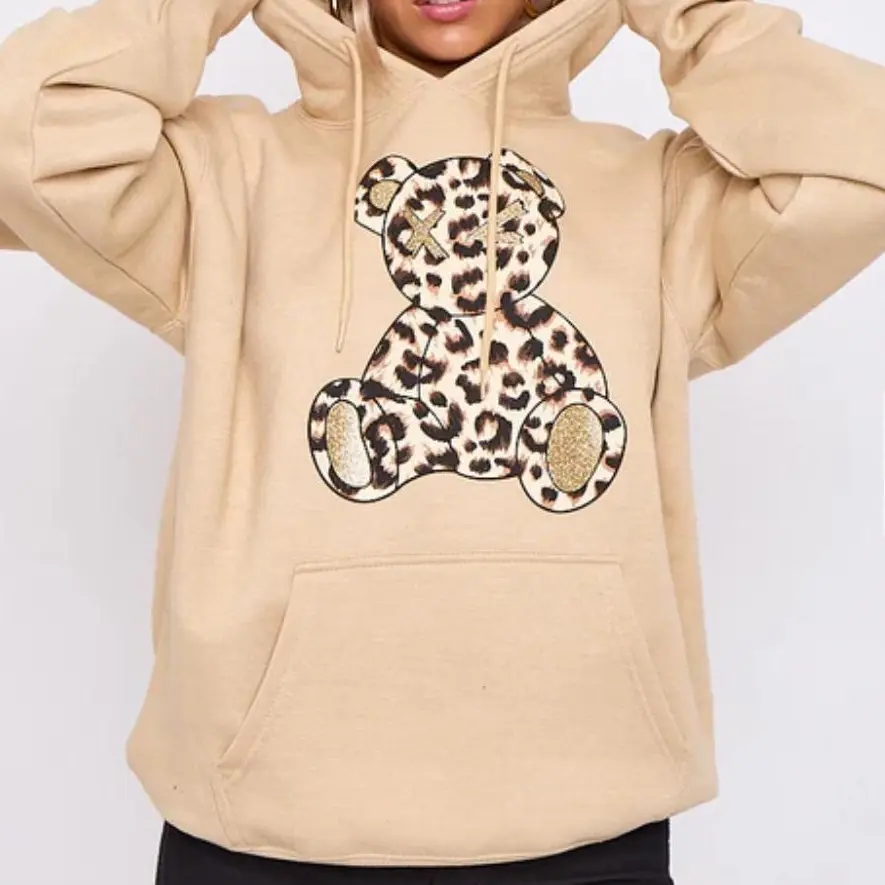 Women's Oversized Leopard Print Teddy Graphic Hoodie Sweatshirt