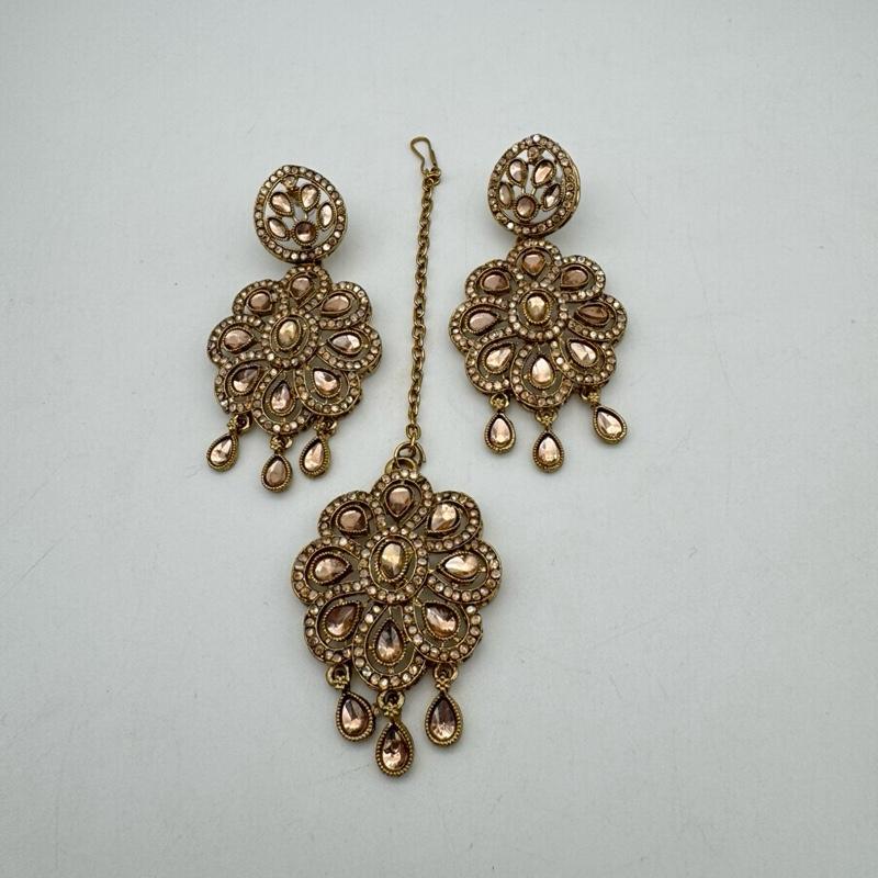 JC1871 earring and tikka kundan style full gold colour 2